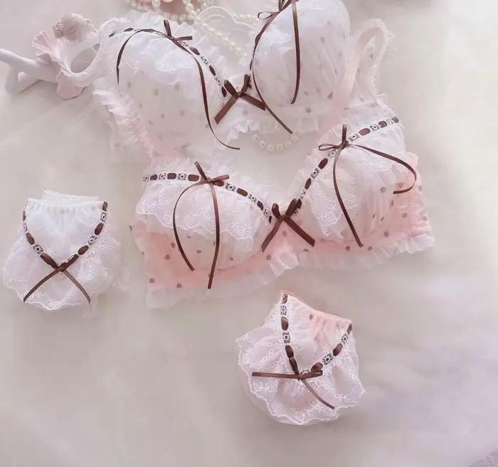Lolita Kawaii Fashion Cute Dots Printing Mesh Lace Underwear Bra and Panties Set