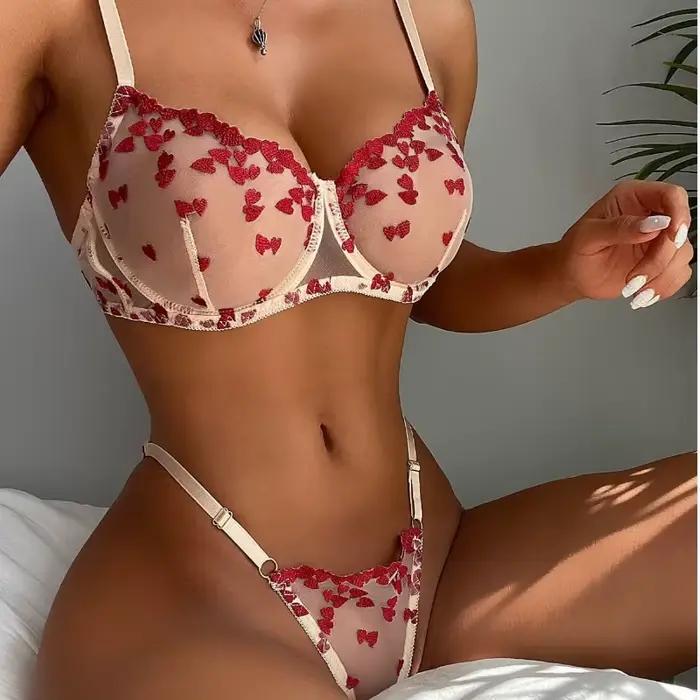 Ensemble de Lingerie Sexy à trois points Soluble dans l'eau, soutien-gorge brodé en forme de cœur pour femmes, ensemble soutien-gorge et culotte en dentelle, soutien-gorge transparent, ensembles brefs