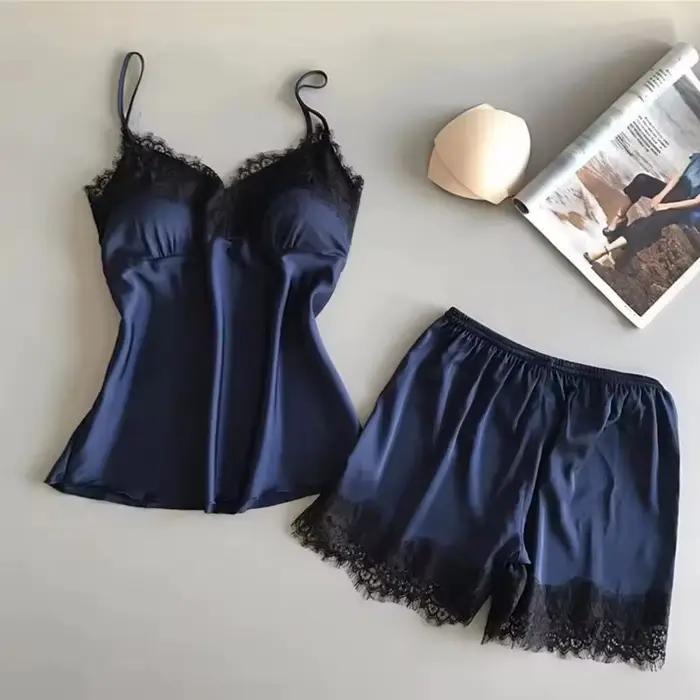 Femmes pyjama costume mode col en v Stretch Satin nuisette dentelle Sexy Lingerie nœud papillon Pyjamas sommeil Shorts ensemble vêtements de nuit nouveau