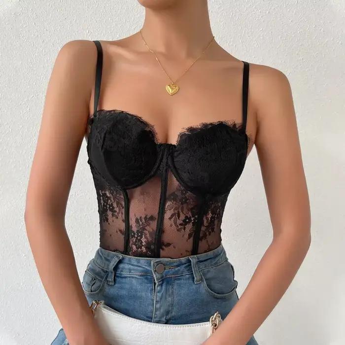 Corset Sexy en Dentelle Noire Transparente pour Femme