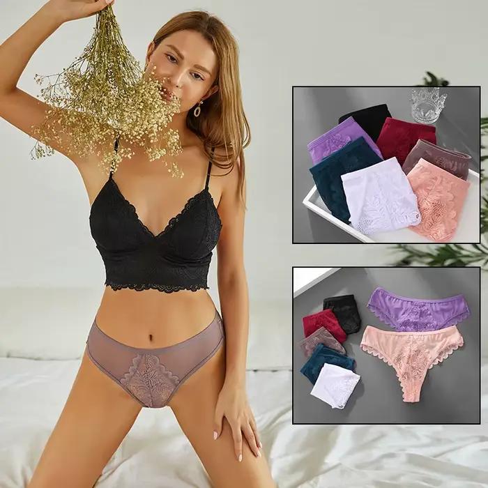 Femmes Sexy dentelle tongs dames couleur unie string culotte florale Perspective sous-vêtements femme doux respirant Lingerie intime