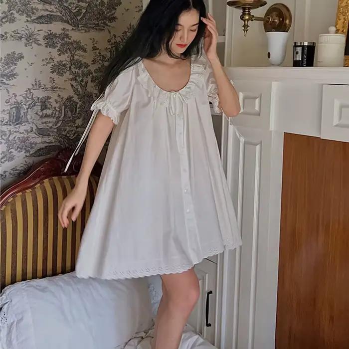 Femmes françaises douce chemise de nuit grande taille Cardigan 100% coton nuisette princesse Vintage volants col