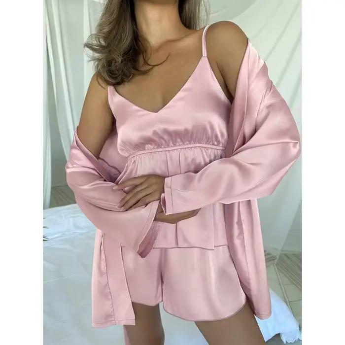 Nouvel ensemble pyjama 3 pièces en satin 2026 pour femme : robe sexy à manches longues + caraco + short – Tenue d'été