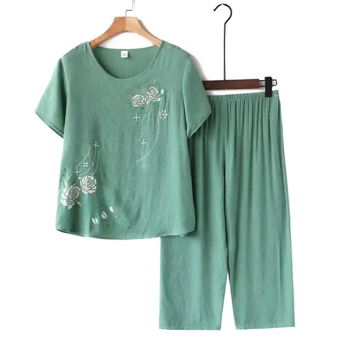 Été femmes Pijama Adulto Feminino XL-4XL grande taille lin coton imprimé pyjama ensemble