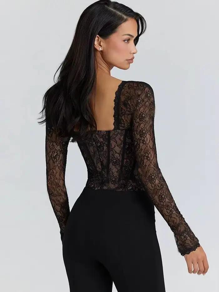 JULISSA MO Sexy col carré pure dentelle fermeture éclair femmes body à manches longues imprimé fleuri dame hiver moulante élégant combishort nouveau