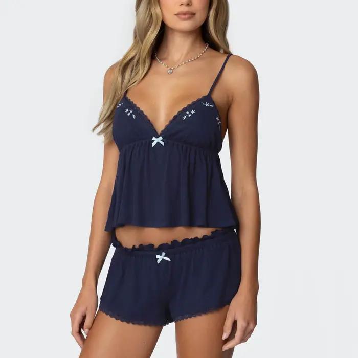 Gaono Ensemble pyjama d'été pour femme élégant avec bordure en dentelle brodée et short