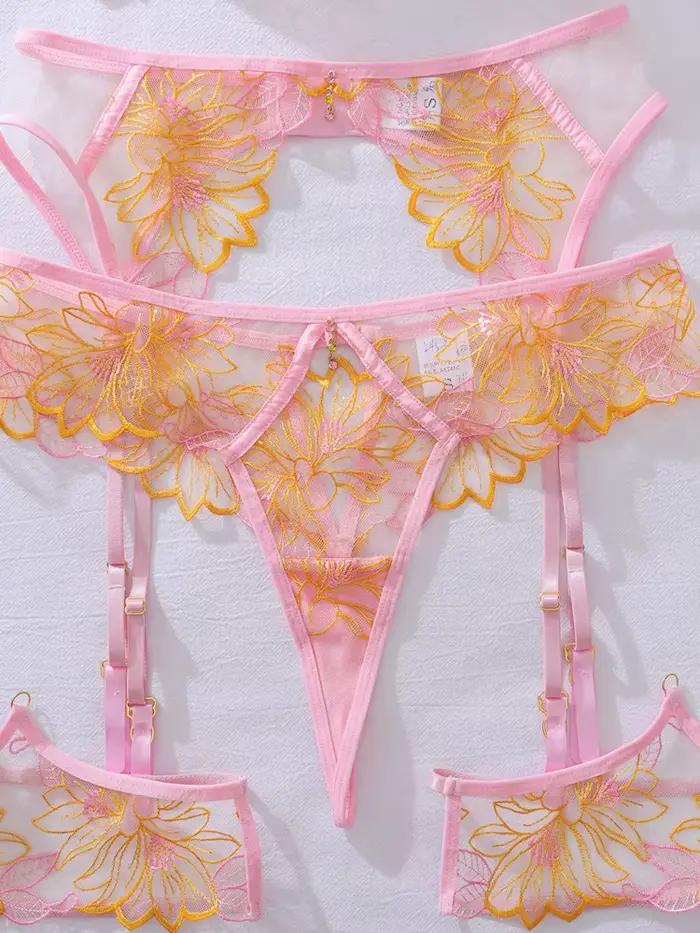Nouvelle Lingerie Délicate Belamimi – Ensemble de 4 Pièces en Dentelle Transparente Sexy