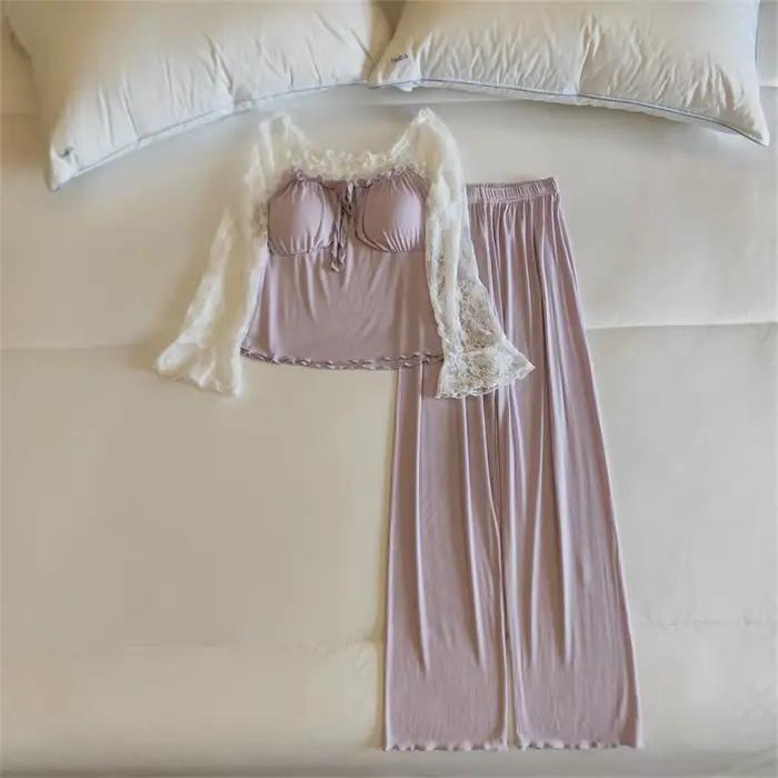 Pijamas Mujer mode dentelle Modal vêtements de nuit femmes coussin de poitrine à manches longues pantalon Pyjamas ensemble automne hiver Homewear vêtements de nuit