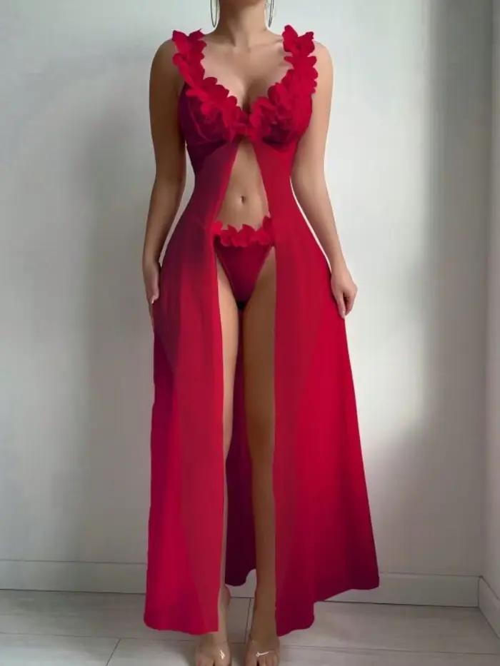 Robe de nuit en dentelle florale rose pour femmes, lingerie sexy, babydoll, robe de nuit exotique, dentelle profonde en V, maille transparente, chemises de nuit