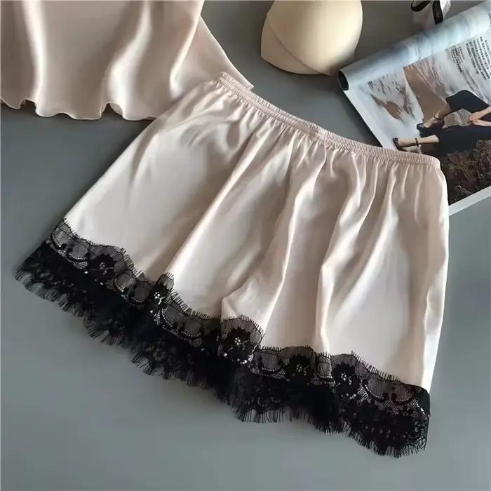 Femmes pyjama costume mode col en v Stretch Satin nuisette dentelle Sexy Lingerie nœud papillon Pyjamas sommeil Shorts ensemble vêtements de nuit nouveau