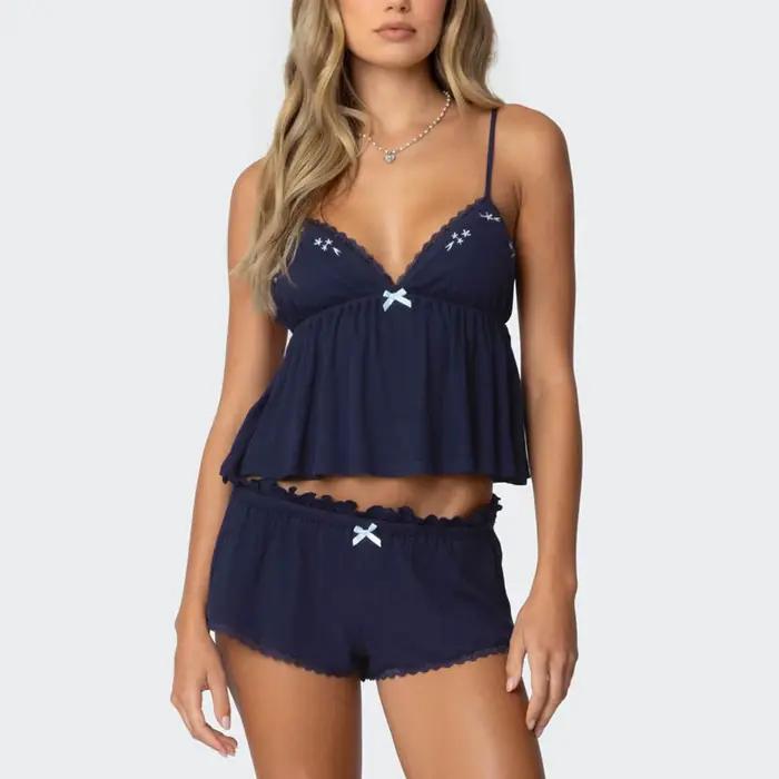Gaono Ensemble pyjama d'été pour femme élégant avec bordure en dentelle brodée et short
