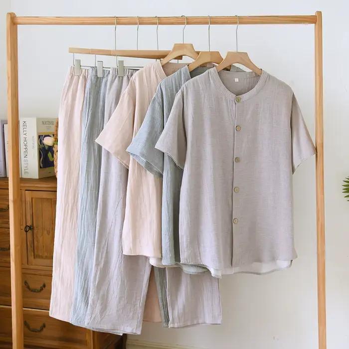2025 Couple Tencel chanvre coton pyjamas hommes et femmes décontracté Simple et confortable à manches courtes pantalon ensemble de vêtements de détente