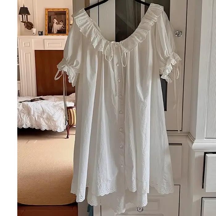 Femmes françaises douce chemise de nuit grande taille Cardigan 100% coton nuisette princesse Vintage volants col