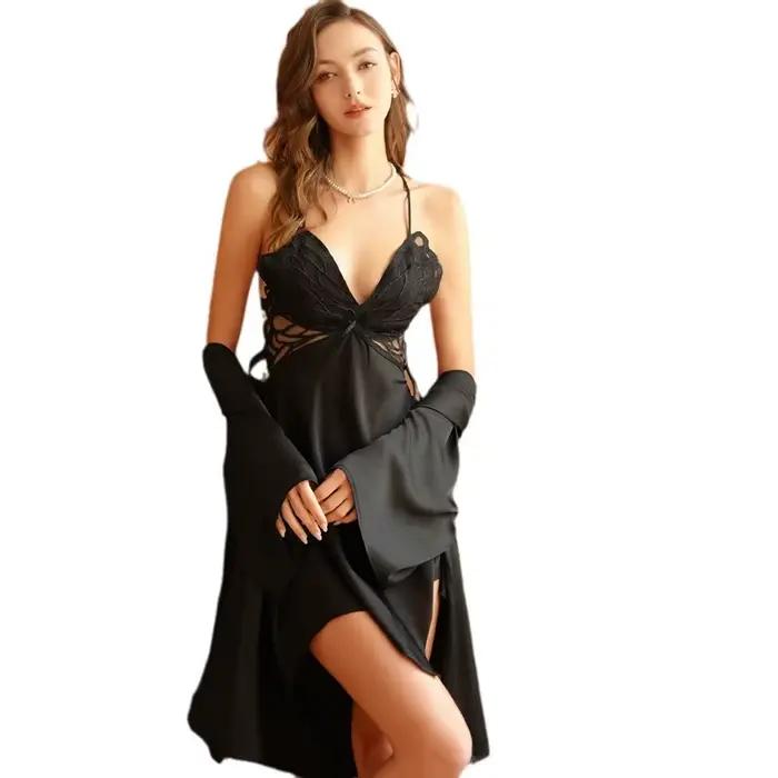 2 pièces Robe ensemble rouge dentelle vêtements de nuit femme soyeux rayonne peignoir