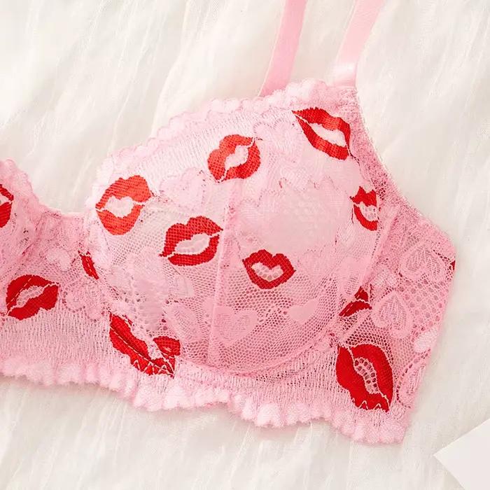 Lingerie Sexy rouge lèvre broderie sous-vêtements en dentelle ensemble de soutien-gorge translucide Lingeries