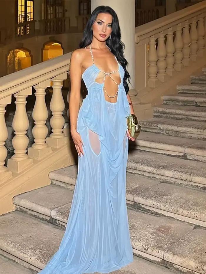 Nibber Bal Robe De Soirée Femme Sexy Voir À Travers De Luxe Chaîne Halter Col Bas Dos Nu Sans Manches Minuit Élégant Robes