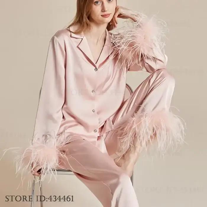 Plumes de luxe Pyjamas ensemble vêtements de détente mode dame