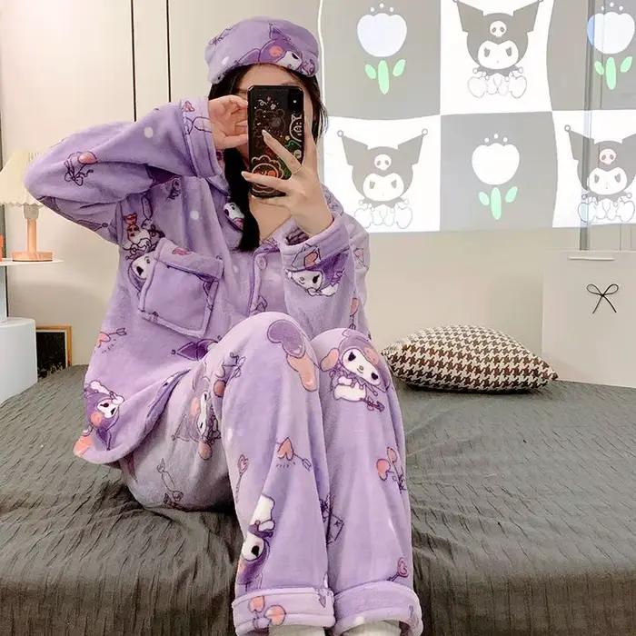 Ensemble de pyjama en flanelle thermique en peluche Kuromi pour femmes