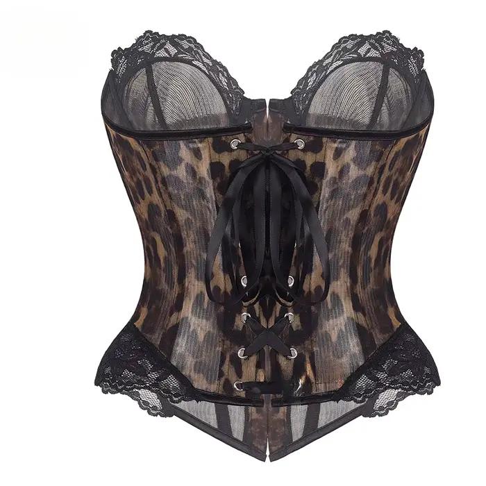 Corset Bustier Femme Léopard en Dentelle Imprimé Animalier Sexy, Maille Transparente, Baleines Intégrées, Fermeture Métallique, Effet Amincissant, Top de Soirée et de Club