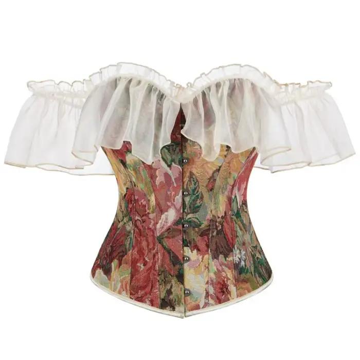 Haut Corset à manches courtes en dentelle pour femmes, Bustier Vintage en brocart, vêtements moulants Sexy, amincissant, façonnant la taille