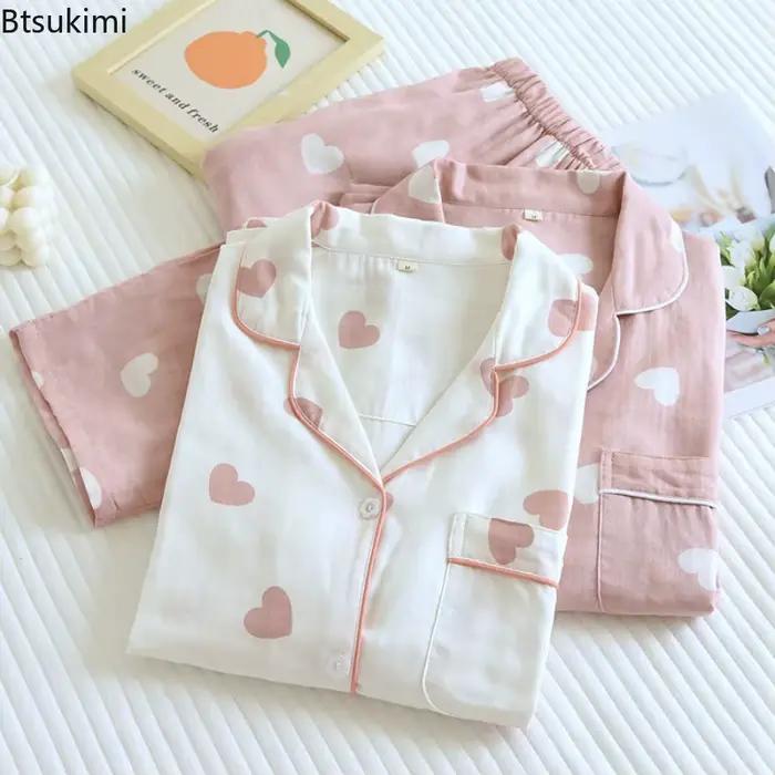 100% coton gaze pyjamas pour femmes amour coeur imprimé Sweety vêtements de nuit 2026 printemps automne