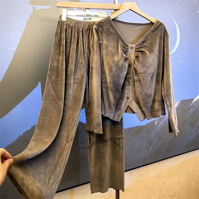 Pijama Feminino Island velours chaud Pyjamas ensemble femme coréenne élégant coussin de poitrine à manches longues haut pantalon costume hiver vêtements de nuit Pyjama