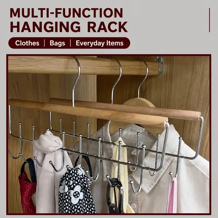 Cintre multifonctionnel en bois massif avec crochets métalliques, organisateur de penderie à double rangée pour lingerie