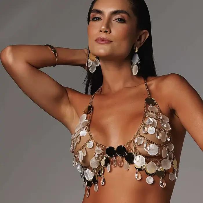 Soutien-Gorge à Paillettes Argentées avec Pompon en Clip pour Femme