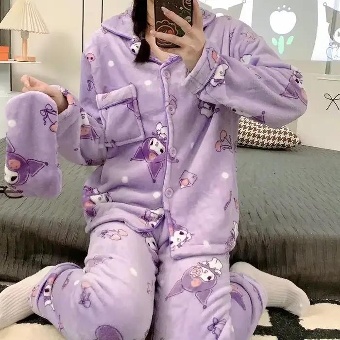 Ensemble de pyjama en flanelle thermique en peluche Kuromi pour femmes