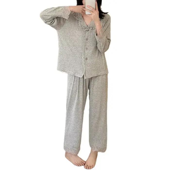 Nouveaux pyjamas pour femmes 2026 – Ensemble deux pièces en modal et dentelle à petit col