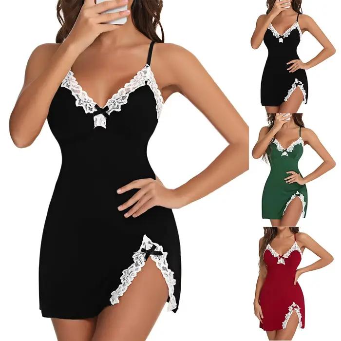 Vêtements de nuit sexy femmes dentelle soie Satin col en v chemise de nuit ourlet fendu doux Lingerie robe de nuit sans manches vêtements de nuit vêtements féminins