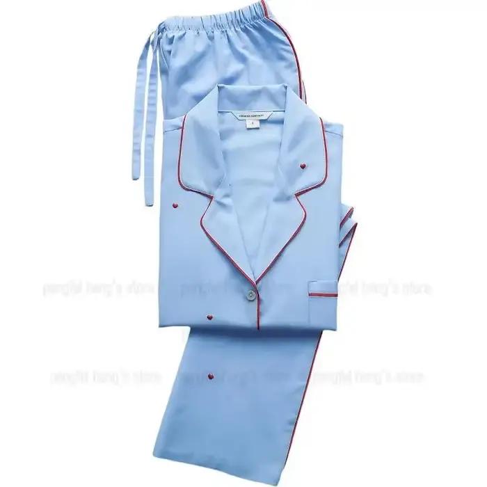 Luxe broder amour Pijama Mujer bleu tenue femmes vêtements de nuit en coton à manches longues chemise pantalon ample