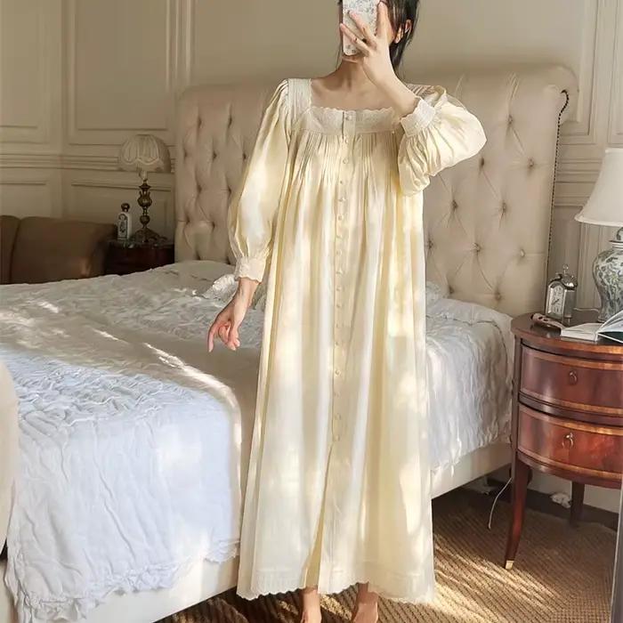 Vintage broderie coton longues chemises de nuit pour dame à manches
