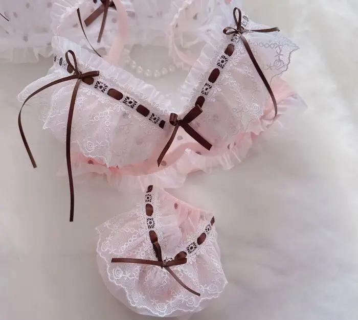 Lolita Kawaii Fashion Cute Dots Printing Mesh Lace Underwear Bra and Panties Set