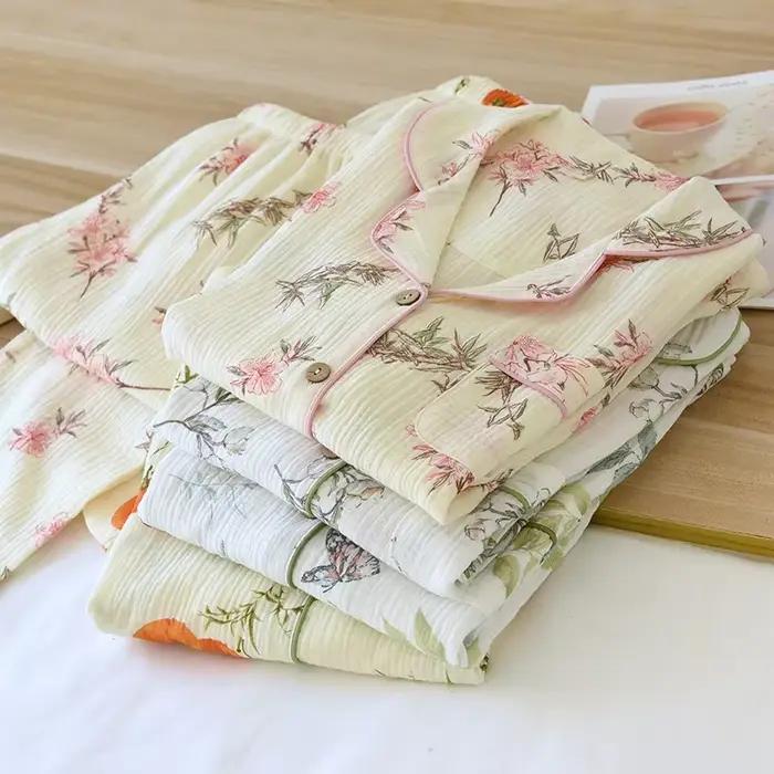 Ensemble pyjama doux et mignon à manches longues pour femmes, en coton, Double couche, pantalon Long quatre saisons, ensemble de vêtements pour la maison