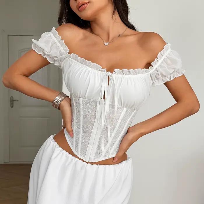 Haut corset blanc en dentelle pour femme, épaules dénudées, manches bouffantes, bustier à volants avec nœud avant, idéal pour les soirées, clubs et tenues Kawaii