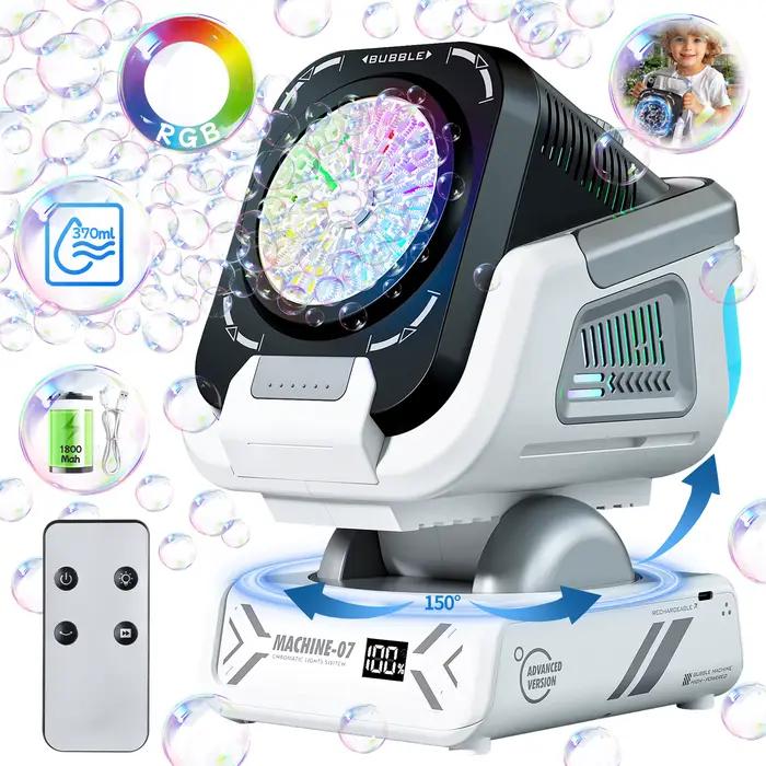 La version améliorée de la machine à bulles avec télécommande, rotation automatique et lumière RVB, batterie rechargeable 1800 mAh, charge de type C, machine à bulles adaptée aux enfants, mariages, fê