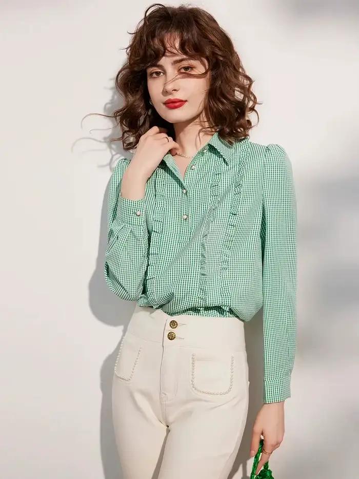 Modiis Yao-Chemise à carreaux à manches longues et bouffantes pour femme