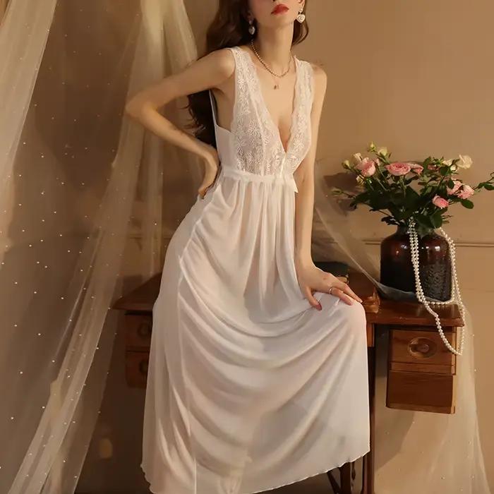 Robe de nuit de mariage longue en dentelle pour femme