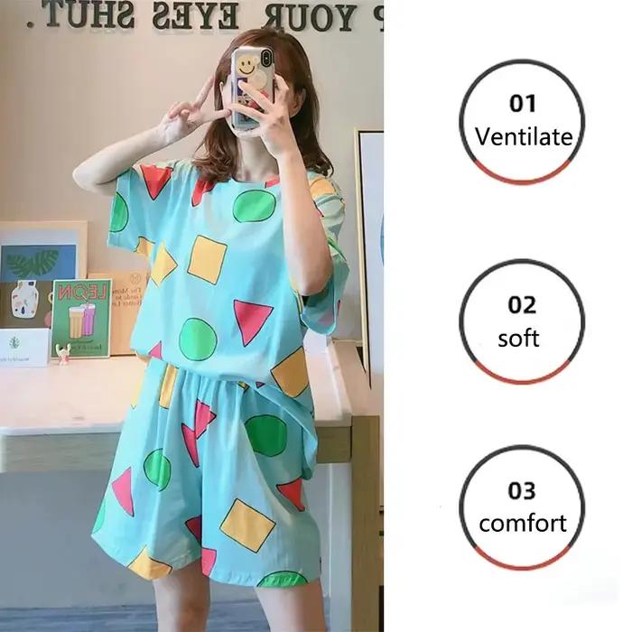 Pyjamas à manches courtes femmes été dessin animé mignon géométrique vêtements de nuit Homewear pull décontracté chemise