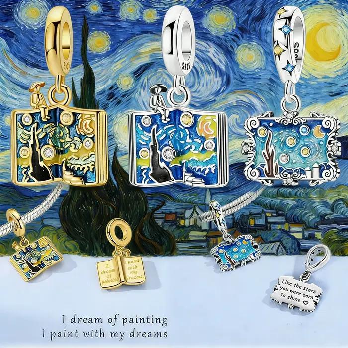 Breloque pendante Livre Nuit étoilée Van Gogh en Argent Sterling 925, Émail et Pierres CZ, Perle d'art pour Bracelets, Cadeau Bijou pour Femme