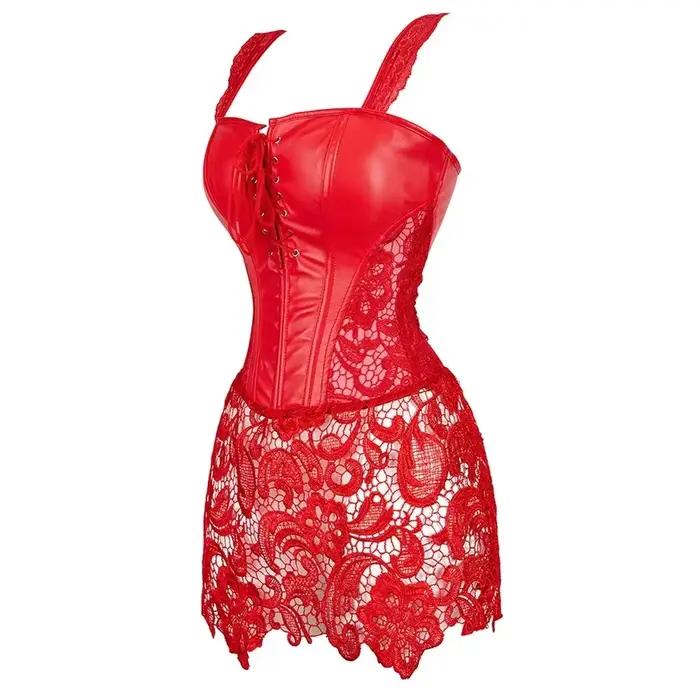 Steampunk Corset robe femmes gothique Sexy Faux cuir fermeture éclair Bustier dentelle jupe noir rouge Corselet Clubwear