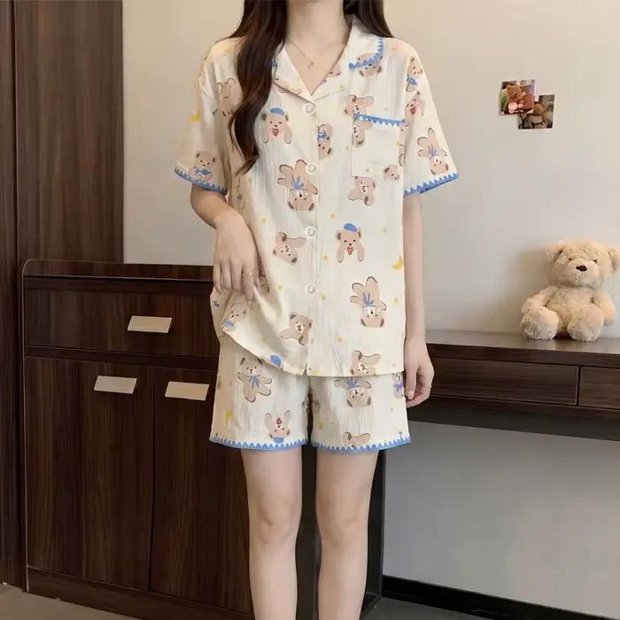 Ensemble de pyjama imprimé ours Kawaii pour femmes, ensemble de pyjama à manches courtes et shorts, vêtements de détente, style Harajuku mignon, vêtements d'été pour la maison