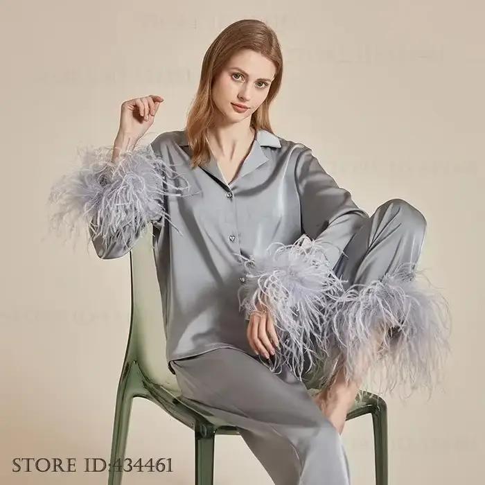 Plumes de luxe Pyjamas ensemble vêtements de détente mode dame
