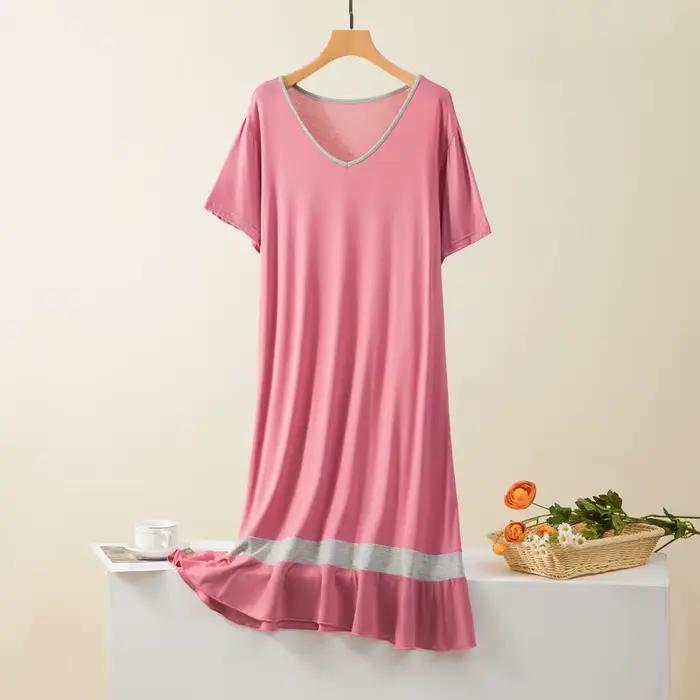 Robe de nuit mi-longue à manches courtes pour femmes, vêtements de nuit, chemises de nuit, grande taille, vêtements de maison décontractés, chemises de nuit d'été pour femmes