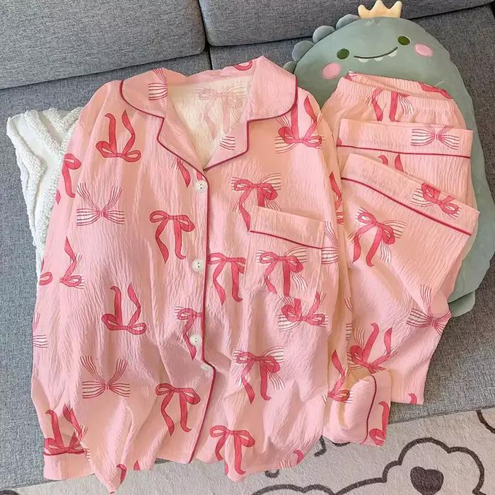 Ensemble pyjama pour Femme, vêtements de nuit imprimés avec nœud, hauts boutonnés, Long, costume 2 pièces, vêtements de nuit pour l'hiver