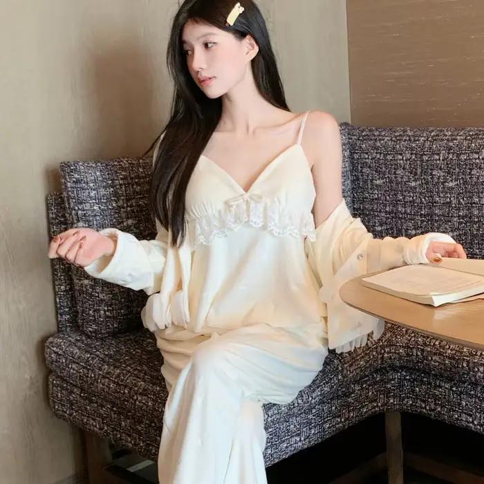 Island Velvet Women's Pajamas 3Pcs Set Loungewear Elegant Sexy Lace Trim Sleepwear Pijamas Suit Loose Casual Home Clothes Pyjama