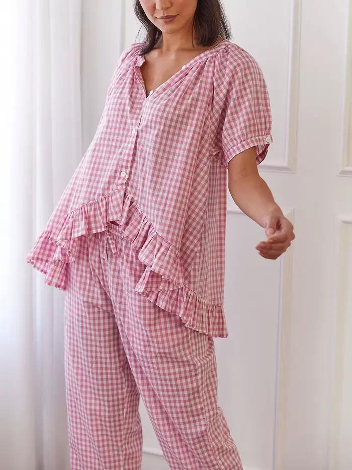 Pyjama à carreaux à manches bouffantes sur le devant pour femmes