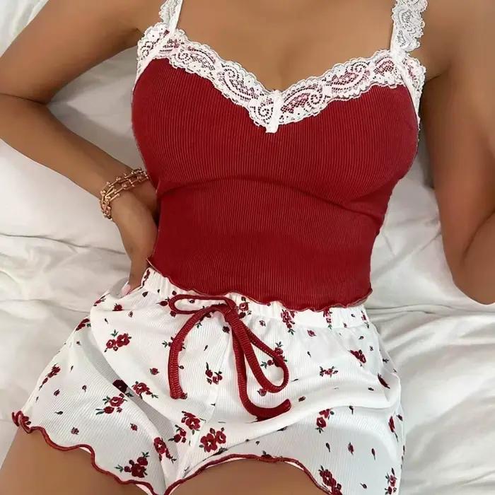 Femmes 2psc pyjama ensemble rose dentelle Patchwork col en v vêtements de nuit Sexy nuisettes costume Cami haut imprimé