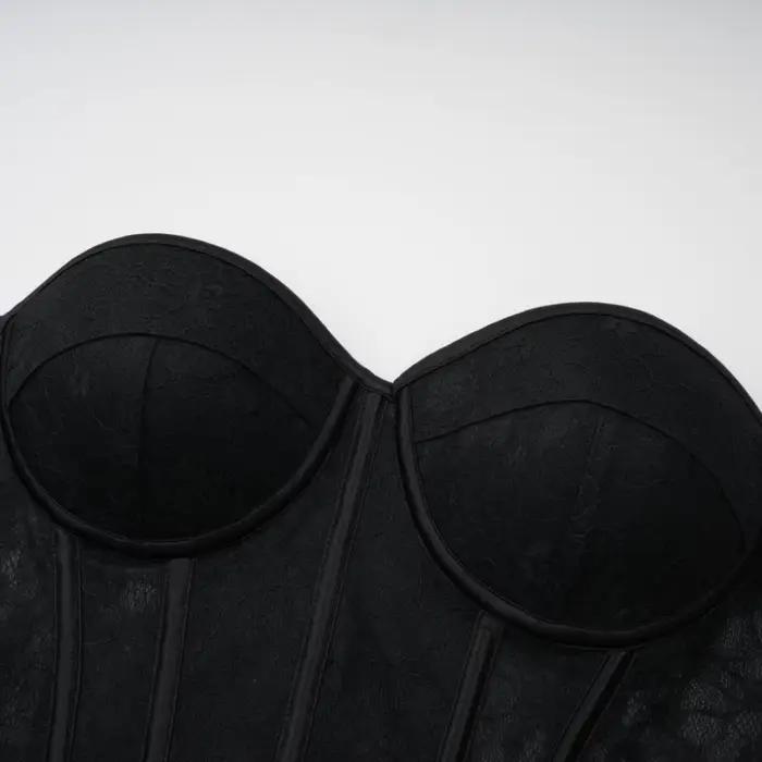 Corset Bustier Push-Up Transparent en Dentelle Florale Noire avec Baleines pour Femme - Sculpteur Corporel